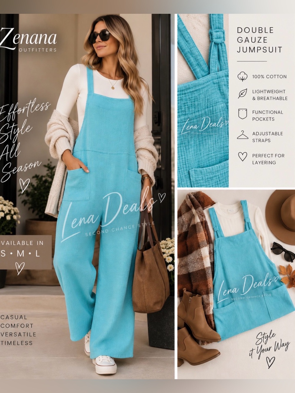 Zenana Wide-Leg 100%Cotton Double Gauze Overalls - Womens Jumpsuit Deep Sky - Picture 2 of 9